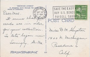 Back of vintage Redwoods postcard